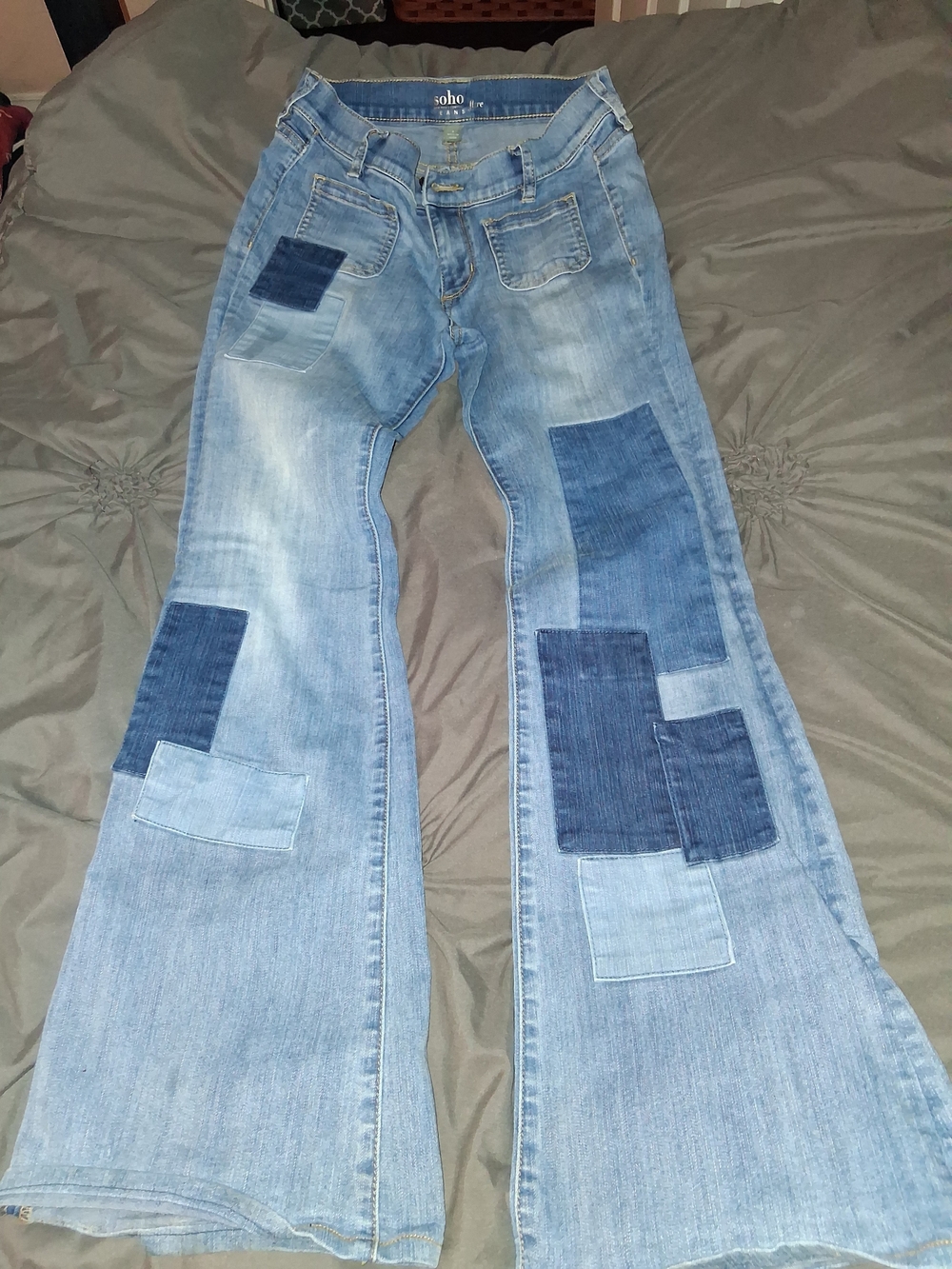 Soho Patchwork Light Wash Flare Jeans - Blue